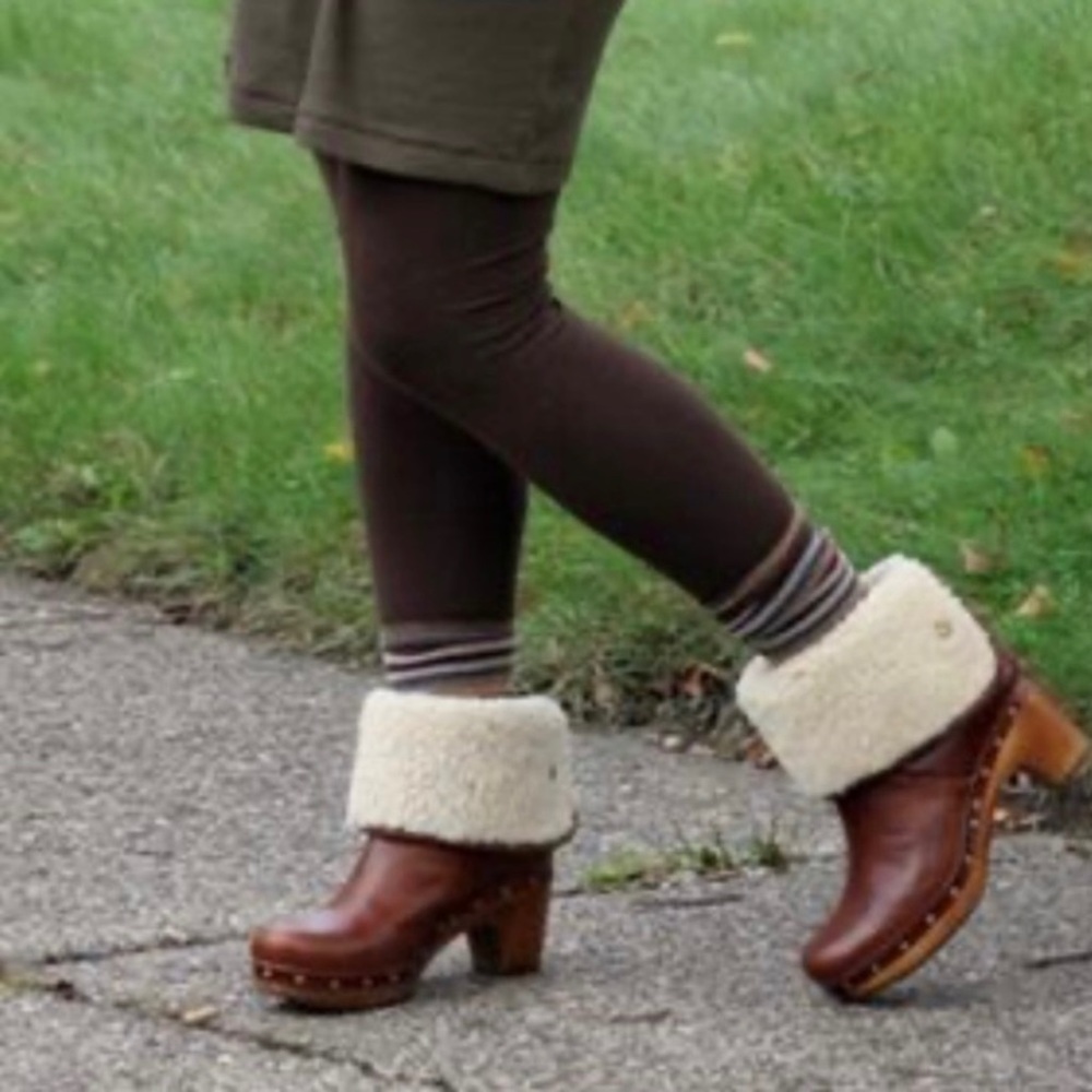 Women’s Brown Leather Clog Boots with Shearling Cuff
